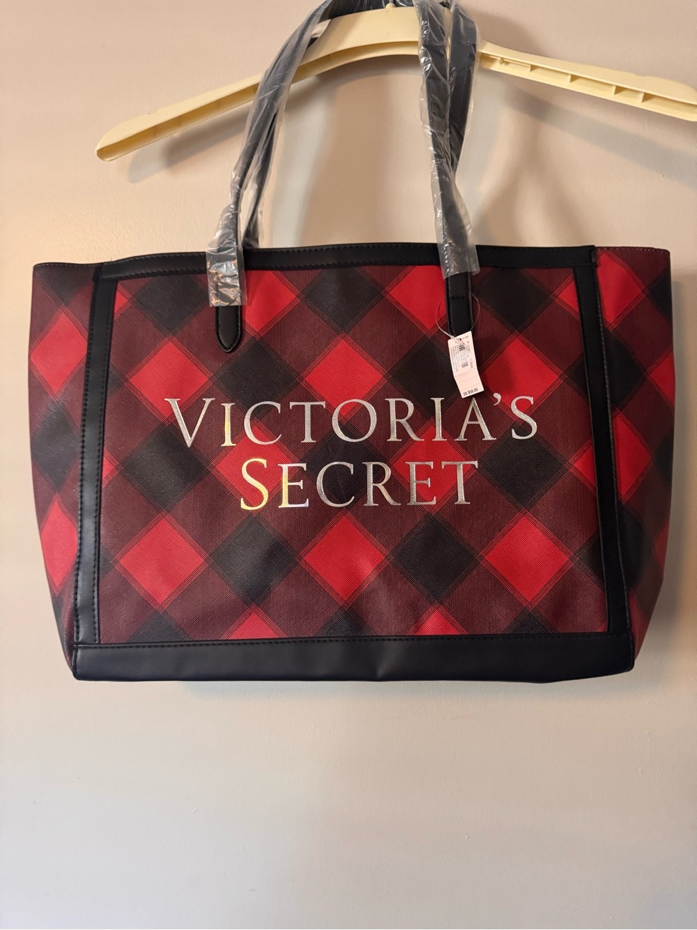 Victoria's Secret Red and Black Plaid Tote with Logo